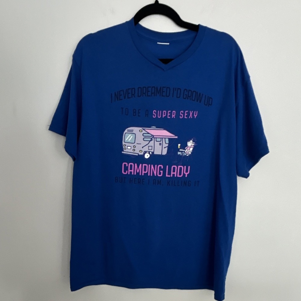 Blue Graphic Camping Lady V-Neck Short Sleeve T-Shirt Women's Cotton